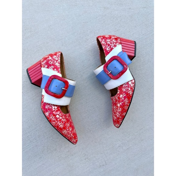 John Fluevog Shoes - John Fluevog Effortless Felicity Floral Buckle Pumps Red White Block Heels 7.5